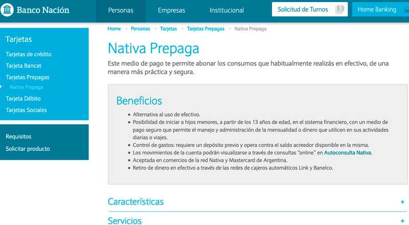 Tarjeta prepago Nativa Prepaga Banco de la NaciÃ³n Argentina
