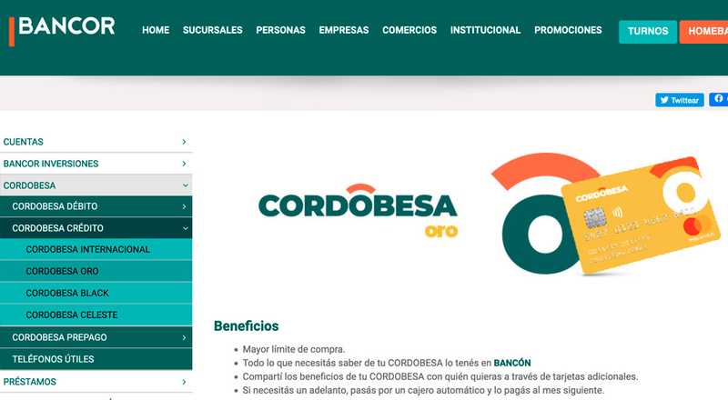 Tarjeta de crédito CORDOBESA Oro Bancor Banco de Cordoba