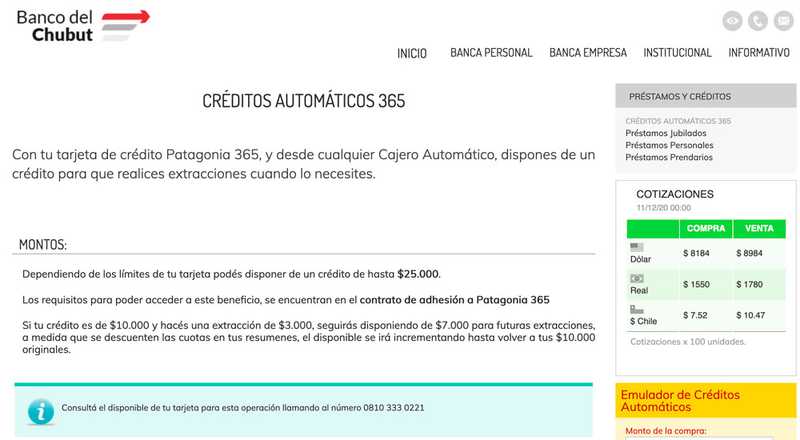 Tarjeta de crédito Patagonia 365 Banco del Chubut