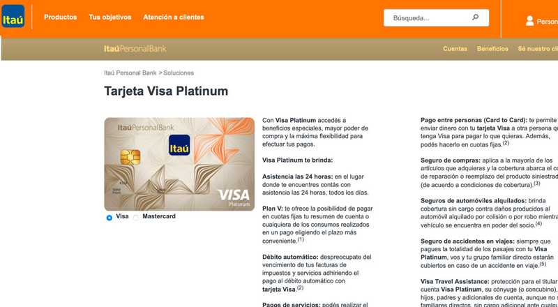 Tarjeta de crédito Visa Platinum Banco Itaú