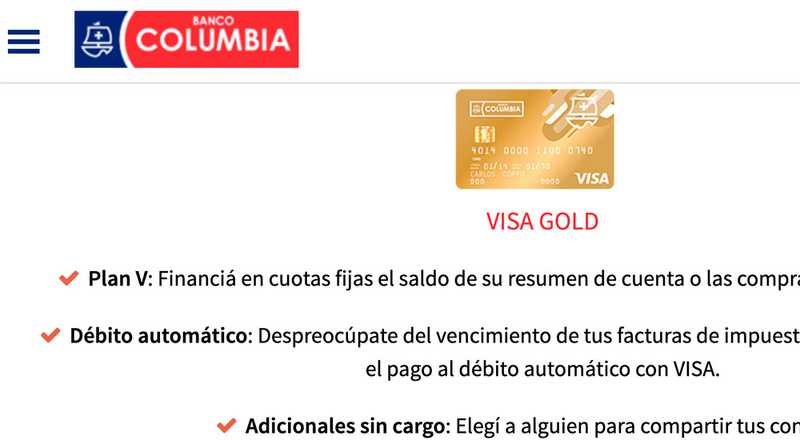 Tarjeta de crédito Visa Gold Banco Columbia