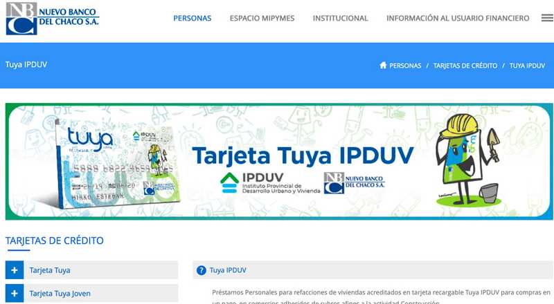 Tarjeta de crédito Tuya IPDUV Nuevo Banco del Chaco