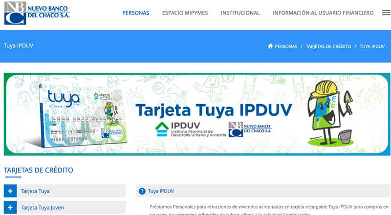 Tarjeta de crédito Tuya IPDUV Nuevo Banco del Chaco