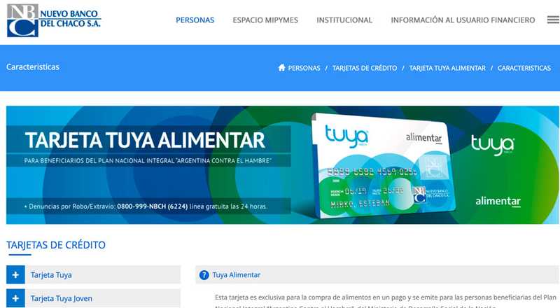 Tarjeta de crédito Tuya Alimentar Nuevo Banco del Chaco