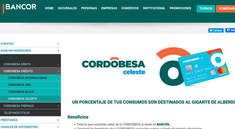 Tarjeta de crédito CORDOBESA Celeste Bancor Banco de Cordoba