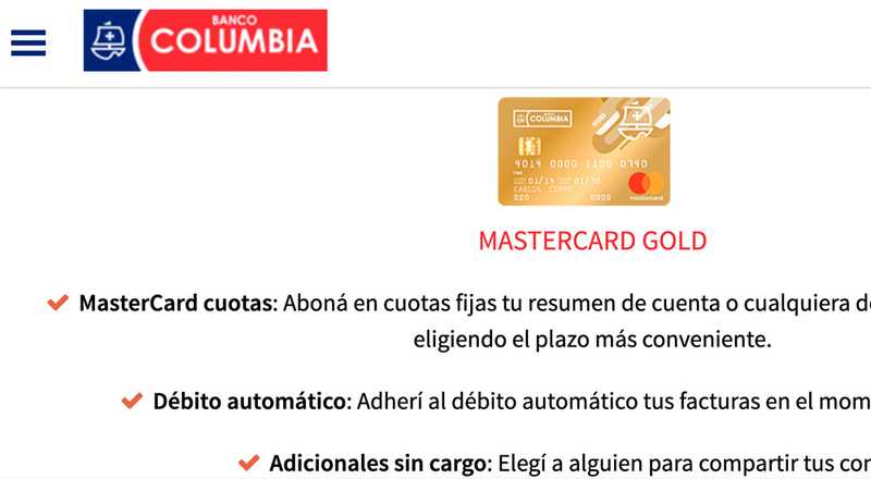 Tarjeta de crÃ©dito Mastercard Gold Banco Columbia