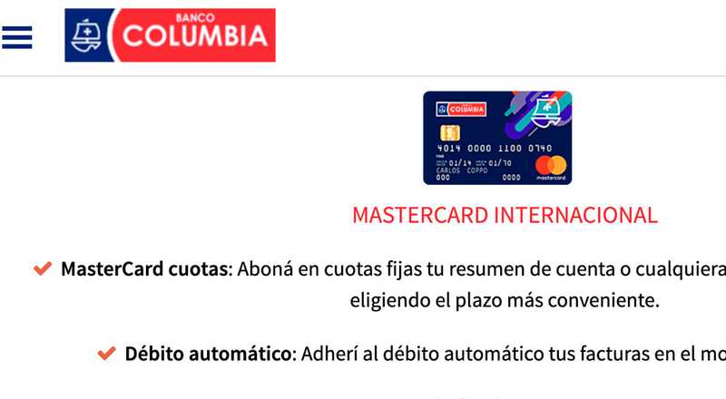 Tarjeta de crÃ©dito Mastercard Internacional Banco Columbia