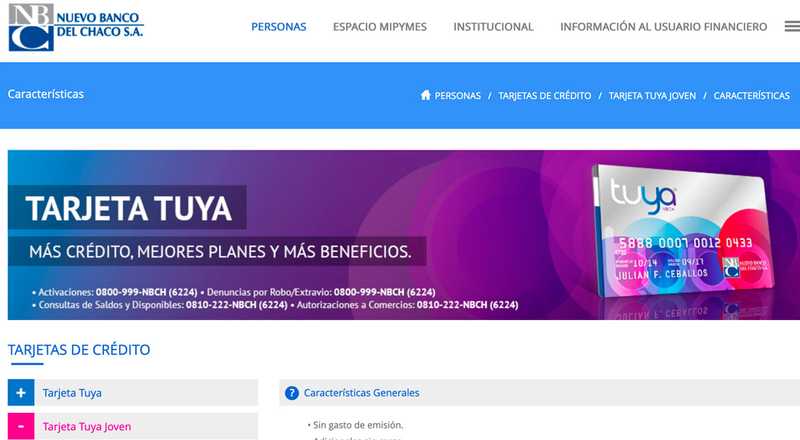 Tarjeta de crédito Tuya Joven Nuevo Banco del Chaco