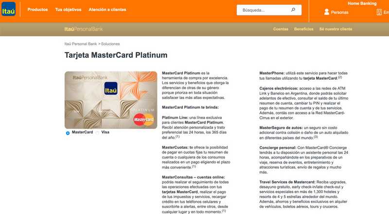 Tarjeta de crédito Mastercard Platinum Banco Itaú