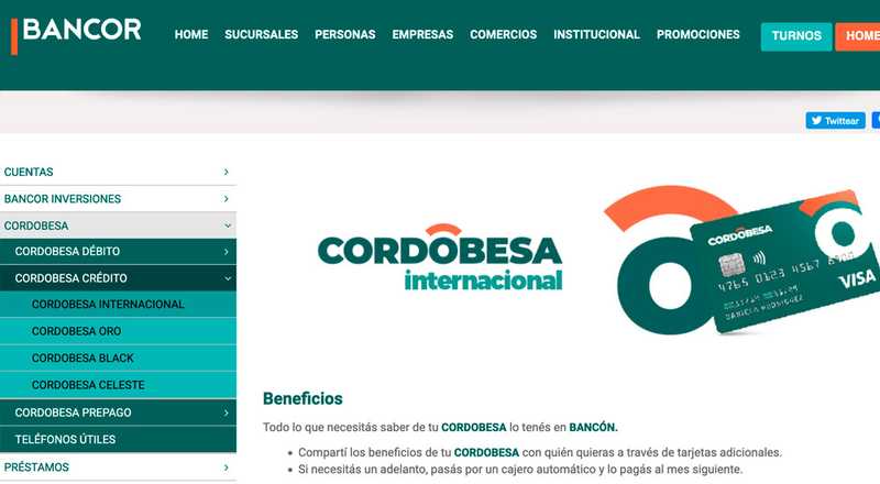 Tarjeta de crÃ©dito CORDOBESA Internacional Bancor Banco de Cordoba