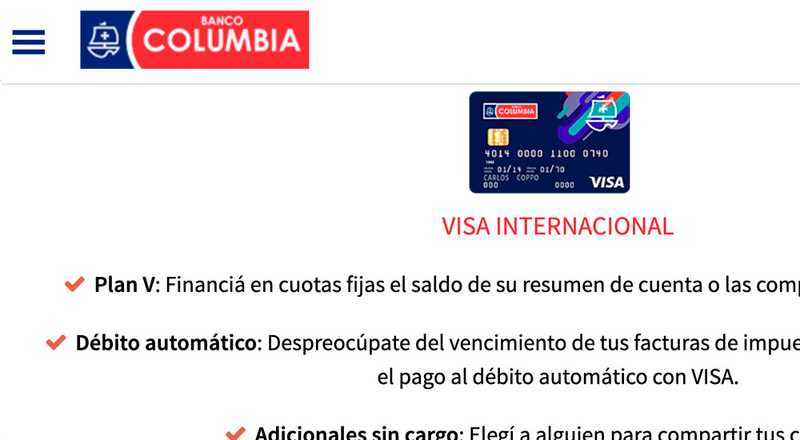 Tarjeta de crédito Visa Internacional Banco Columbia