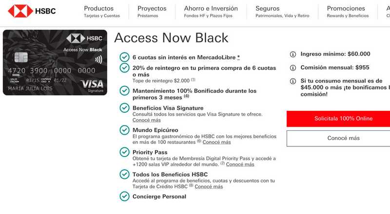 Tarjeta de crédito Access Now Black HSBC