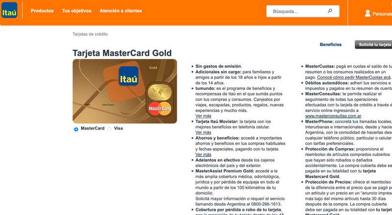 Tarjeta de crédito Mastercard Gold Banco Itaú